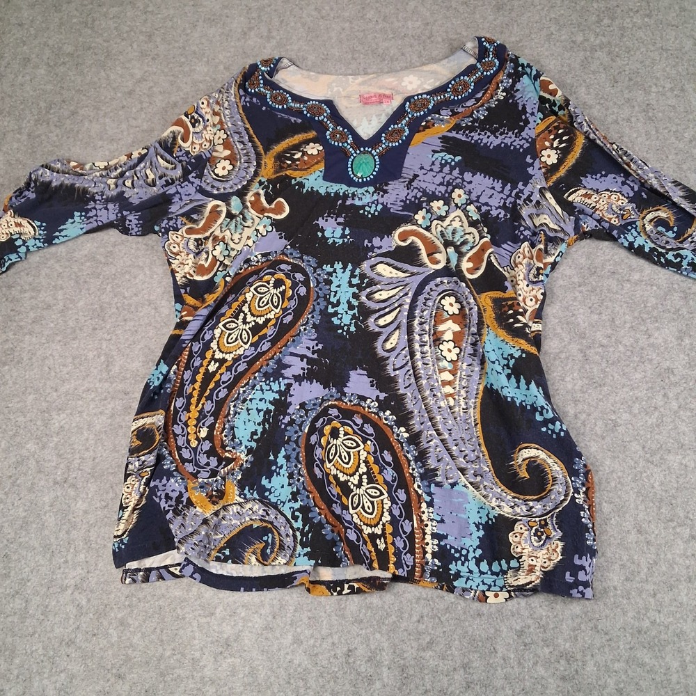 Joyous & Free Paisley Blouse Womens 2X Blue Beaded V-Neck Cold Shoulder‎ Top